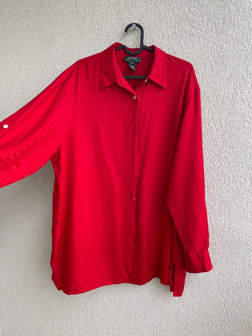 Size 1X, 100% Silk, Lauren Ralph Lauren Red Blouse Button Front